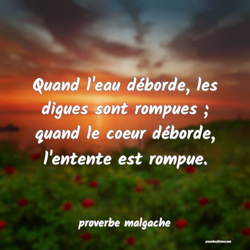 Quand l'eau déborde, les digues sont rompues ; quand le coeur déborde, l'entente est rompue.