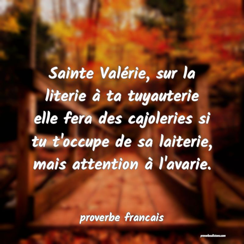  Sainte Valérie, sur la literie à ta tuyauterie elle fera des cajoleries si tu t'occupe de sa laiterie, mais attention à l'avarie.