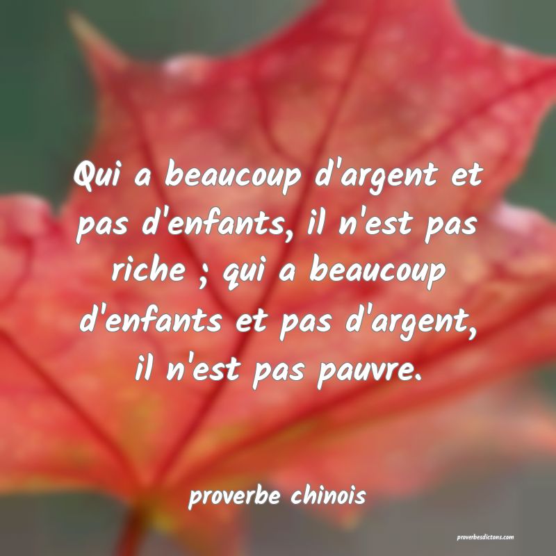  Qui a beaucoup d'argent et pas d'enfants, il n'est pas riche ; qui a beaucoup d'enfants et pas d'argent, il n'est pas pauvre.