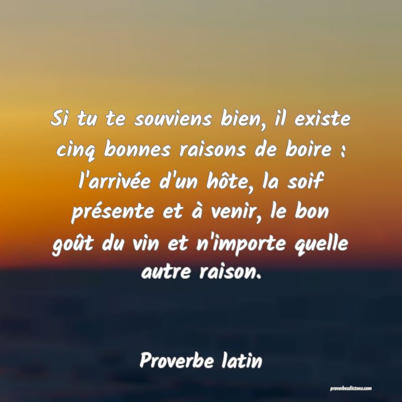 Si tu te souviens bien, il existe cinq bonnes raisons de boire : l'arrivée d'un hôte, la soif présente et à venir, le bon goût du vin et n'importe quelle autre raison.
