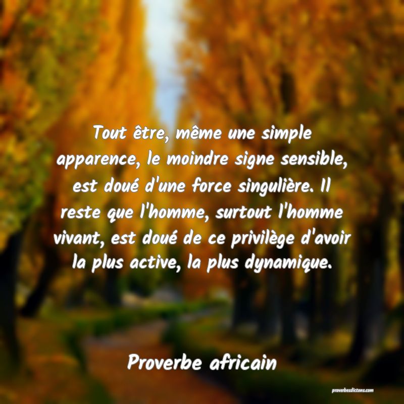 Tout être, même une simple apparence, le moindre signe sensible, est doué d'une force singulière. Il reste que l'homme, surtout l'homme vivant, est doué de ce privilège d'avoir la plus active, la plus dynamique.