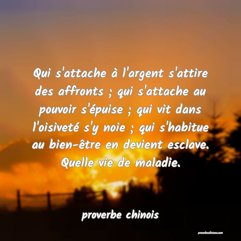  Qui s'attache à l'argent s'attire des affronts ; qui s'attache au pouvoir s'épuise ; qui vit dans l'oisiveté s'y noie ; qui s'habitue au bien-être en devient esclave. Quelle vie de maladie.