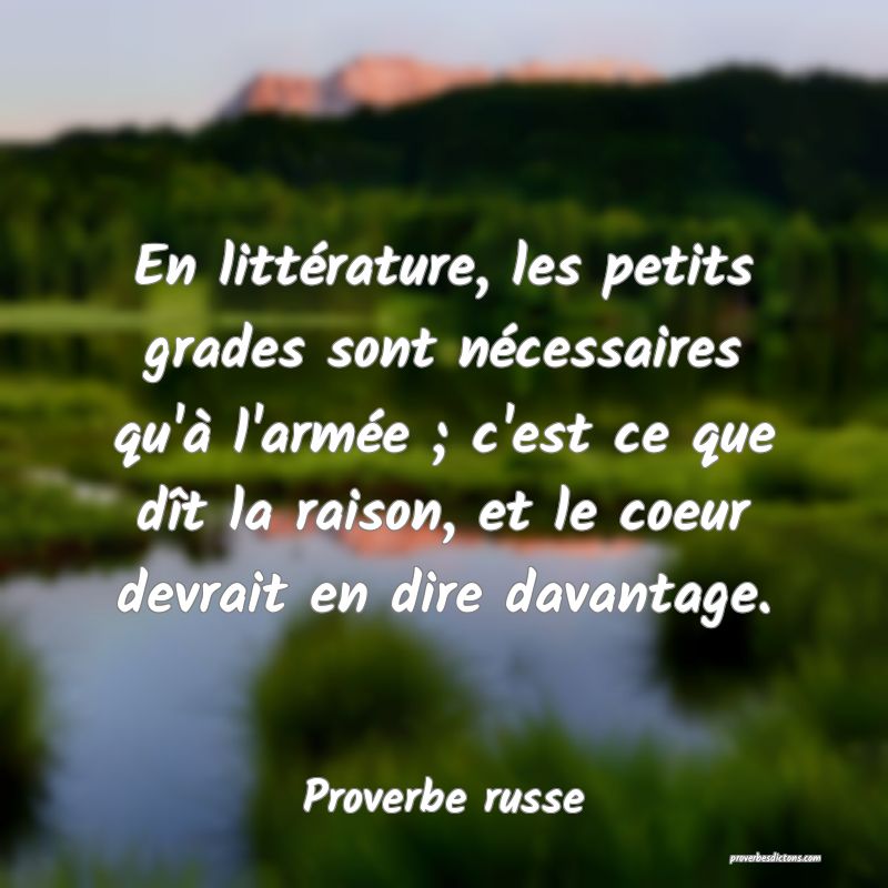  En littérature, les petits grades sont nécessaires qu'à l'armée ; c'est ce que dît la raison, et le coeur devrait en dire davantage. 