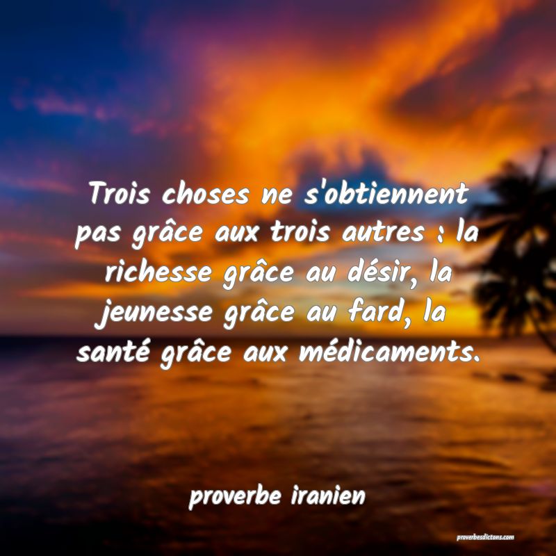  Trois choses ne s'obtiennent pas grâce aux trois autres : la richesse grâce au désir, la jeunesse grâce au fard, la santé grâce aux médicaments.