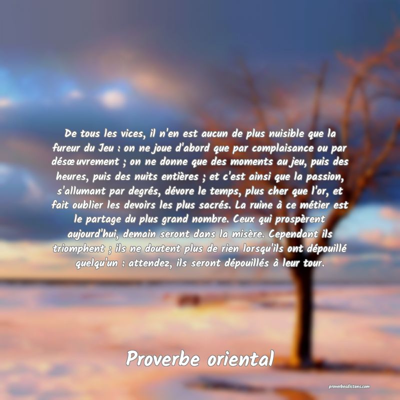 De tous les vices, il n'en est aucun de plus nuisible que la fureur du Jeu : on ne joue d'abord que par complaisance ou par désœuvrement ; on ne donne que des moments au jeu, puis des heures, puis des nuits entières ; et c'est ainsi que la passion, s'allumant par degrés, dévore le temps, plus cher que l'or, et fait oublier les devoirs les plus sacrés. La ruine à ce métier est le partage du plus grand nombre. Ceux qui prospèrent aujourd'hui, demain seront dans la misère. Cependant ils triomphent ; ils ne doutent plus de rien lorsqu'ils ont dépouillé quelqu'un : attendez, ils seront dépouillés à leur tour.