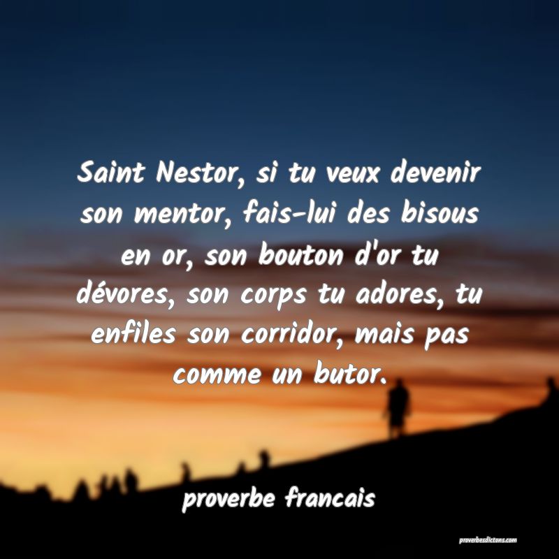 Saint Nestor, si tu veux devenir son mentor, fais-lui des bisous en or, son bouton d'or tu dévores, son corps tu adores, tu enfiles son corridor, mais pas comme un butor.