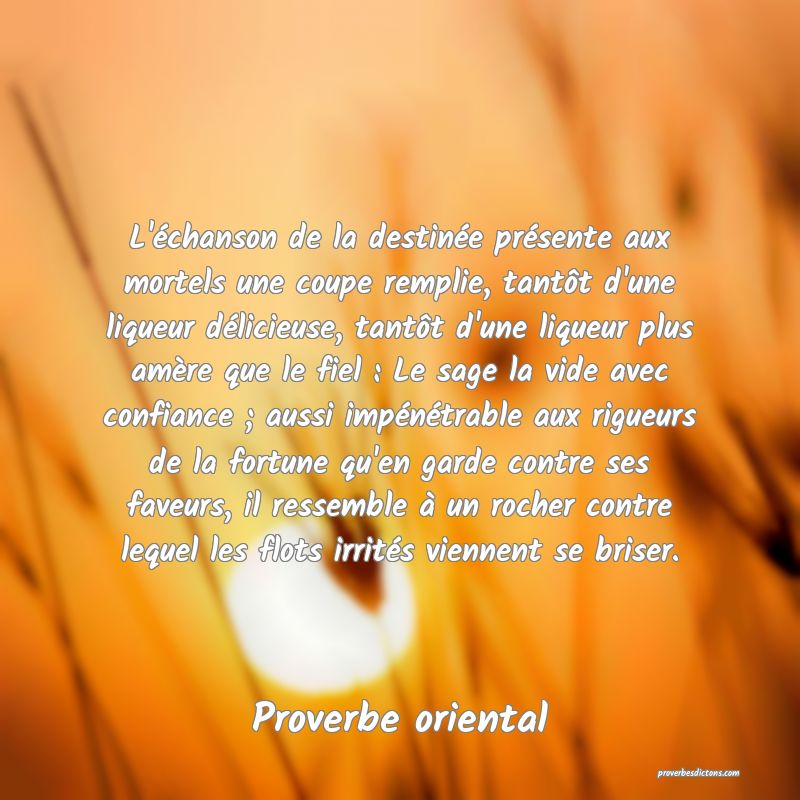 L'échanson de la destinée présente aux mortels une coupe remplie, tantôt d'une liqueur délicieuse, tantôt d'une liqueur plus amère que le fiel : Le sage la vide avec confiance ; aussi impénétrable aux rigueurs de la fortune qu'en garde contre ses faveurs, il ressemble à un rocher contre lequel les flots irrités viennent se briser.
