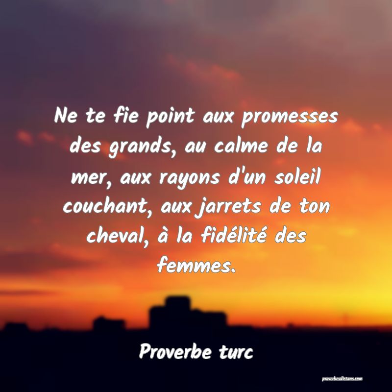 Ne te fie point aux promesses des grands, au calme de la mer, aux rayons d'un soleil couchant, aux jarrets de ton cheval, à la fidélité des femmes.