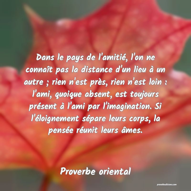 Dans le pays de l'amitié, l'on ne connaît pas la distance d'un lieu à un autre ; rien n'est près, rien n'est loin : l'ami, quoique absent, est toujours présent à l'ami par l'imagination. Si l'éloignement sépare leurs corps, la pensée réunit leurs âmes.