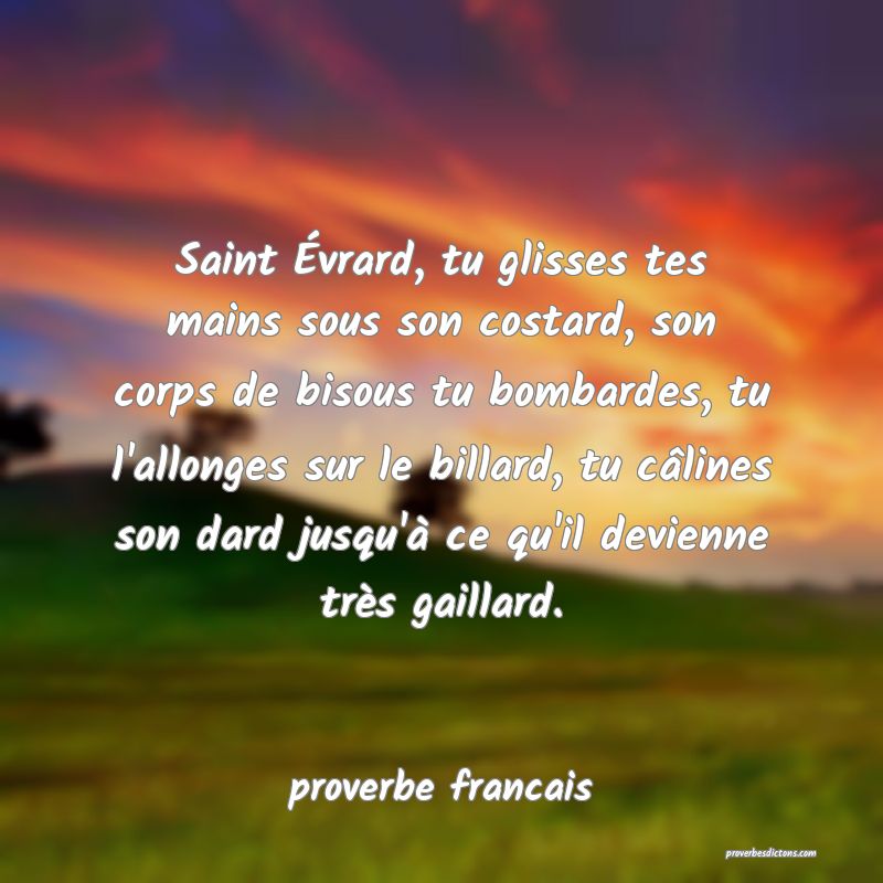 Saint Évrard, tu glisses tes mains sous son costard, son corps de bisous tu bombardes, tu l'allonges sur le billard, tu câlines son dard jusqu'à ce qu'il devienne très gaillard.