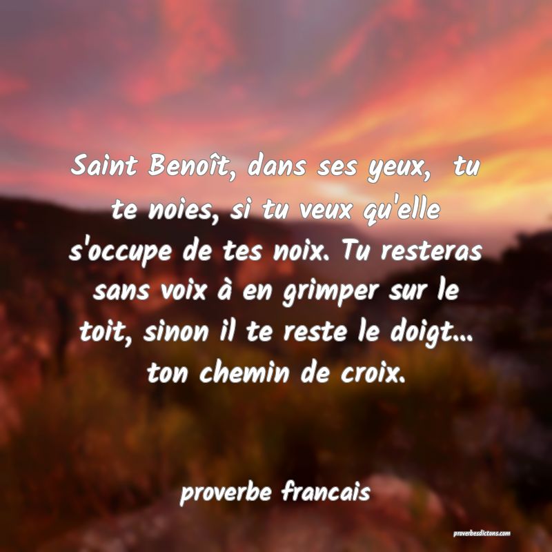  Saint Benoît, dans ses yeux,  tu te noies, si tu veux qu'elle s'occupe de tes noix. Tu resteras sans voix à en grimper sur le toit, sinon il te reste le doigt... ton chemin de croix.