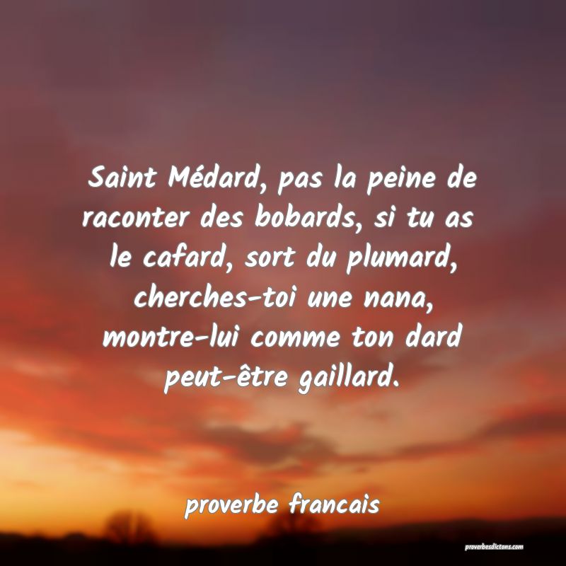  Saint Médard, pas la peine de raconter des bobards, si tu as  le cafard, sort du plumard, cherches-toi une nana, montre-lui comme ton dard peut-être gaillard.