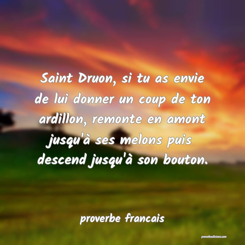 Saint Druon, si tu as envie de lui donner un coup de ton ardillon, remonte en amont jusqu'à ses melons puis descend jusqu'à son bouton.