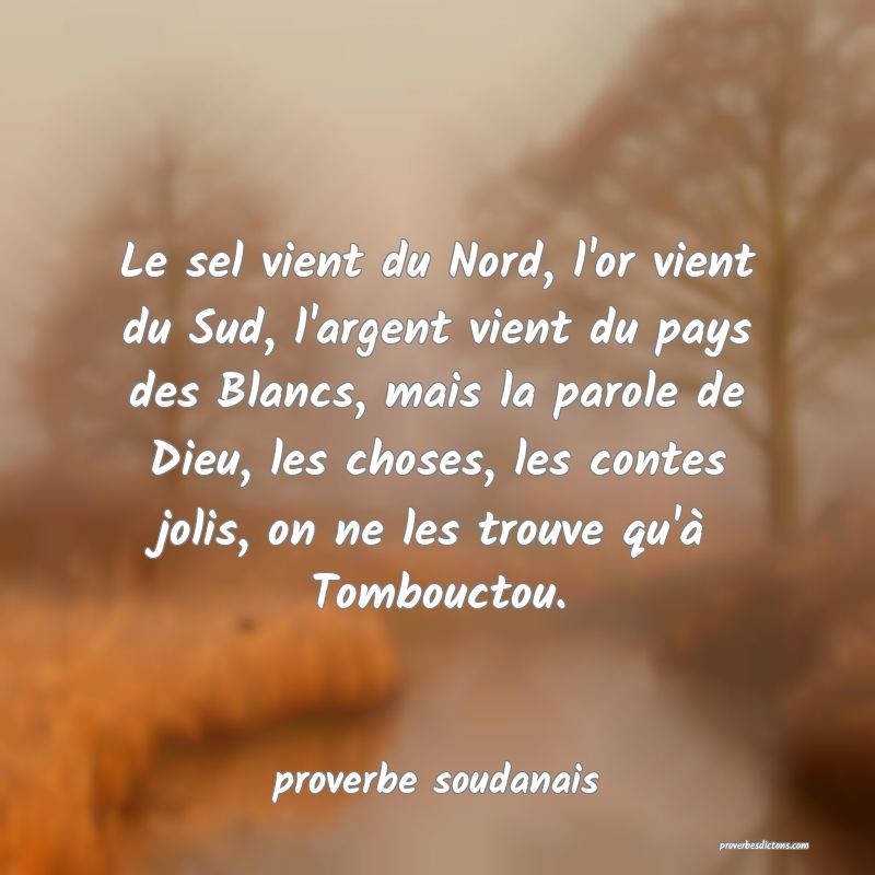  Le sel vient du Nord, l'or vient du Sud, l'argent vient du pays des Blancs, mais la parole de Dieu, les choses, les contes jolis, on ne les trouve qu'à Tombouctou.