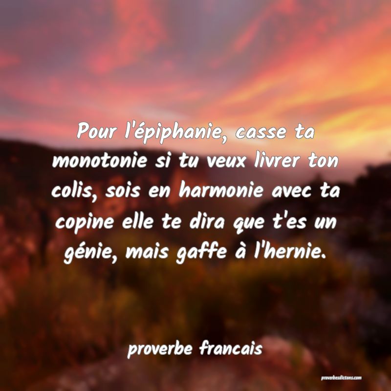 Pour l'épiphanie, casse ta monotonie si tu veux livrer ton colis, sois en harmonie avec ta copine elle te dira que t'es un génie, mais gaffe à l'hernie.