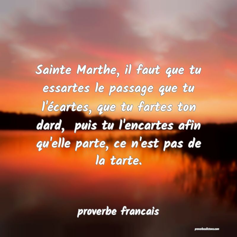 Sainte Marthe, il faut que tu essartes le passage que tu l'écartes, que tu fartes ton dard,  puis tu l'encartes afin qu'elle parte, ce n'est pas de la tarte.