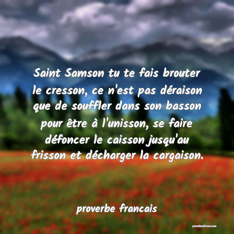 Saint Samson tu te fais brouter le cresson, ce n'est pas déraison que de souffler dans son basson pour être à l'unisson, se faire défoncer le caisson jusqu'au frisson et décharger la cargaison.