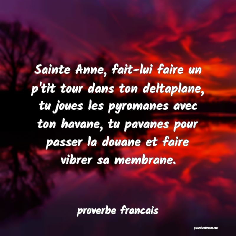 Sainte Anne, fait-lui faire un p'tit tour dans ton deltaplane, tu joues les pyromanes avec ton havane, tu pavanes pour passer la douane et faire vibrer sa membrane.