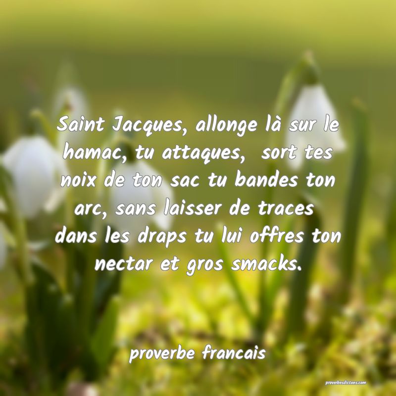  Saint Jacques, allonge là sur le hamac, tu attaques,  sort tes noix de ton sac tu bandes ton arc, sans laisser de traces  dans les draps tu lui offres ton nectar et gros smacks.