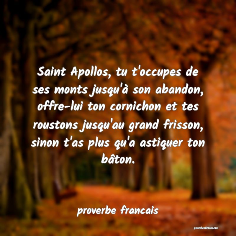 Saint Apollos, tu t'occupes de ses monts jusqu'à son abandon, offre-lui ton cornichon et tes roustons jusqu'au grand frisson, sinon t'as plus qu'a astiquer ton bâton.
