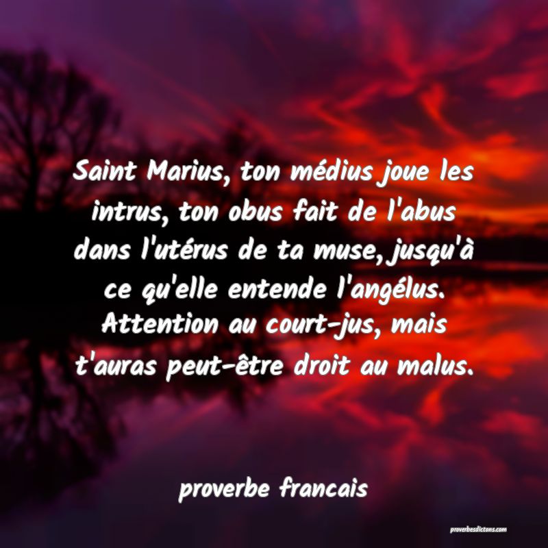 Saint Marius, ton médius joue les intrus, ton obus fait de l'abus dans l'utérus de ta muse, jusqu'à ce qu'elle entende l'angélus. Attention au court-jus, mais t'auras peut-être droit au malus.