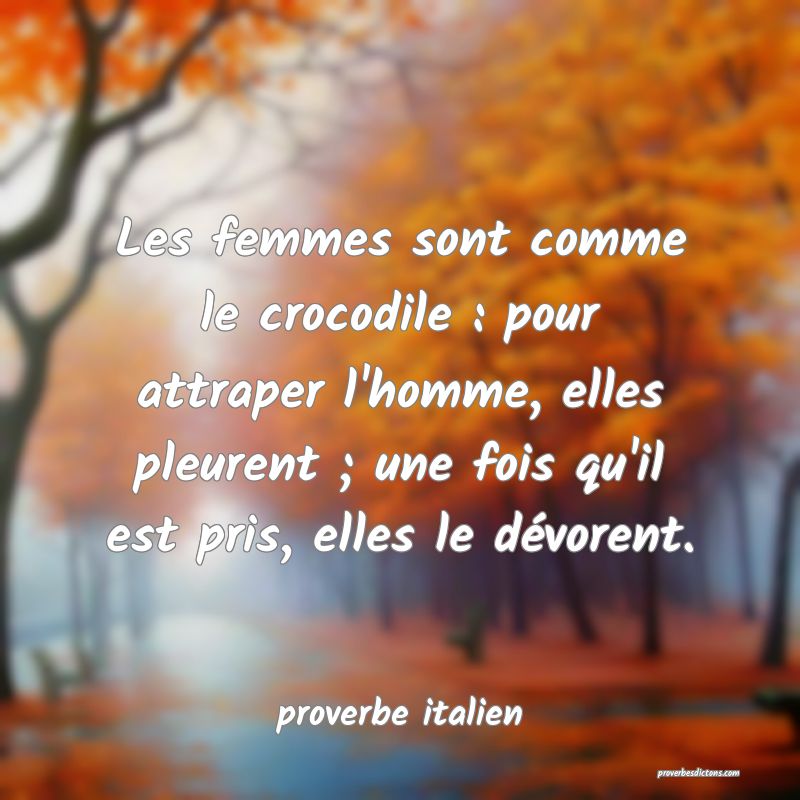  Les femmes sont comme le crocodile : pour attraper l'homme, elles pleurent ; une fois qu'il est pris, elles le dévorent.
