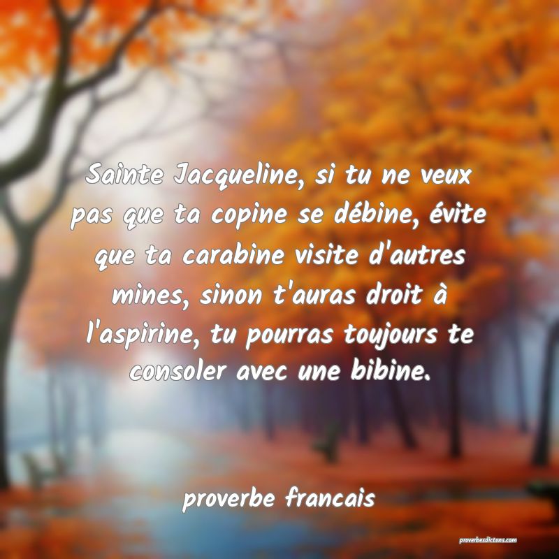 Sainte Jacqueline, si tu ne veux pas que ta copine se débine, évite que ta carabine visite d'autres mines, sinon t'auras droit à l'aspirine, tu pourras toujours te consoler avec une bibine.