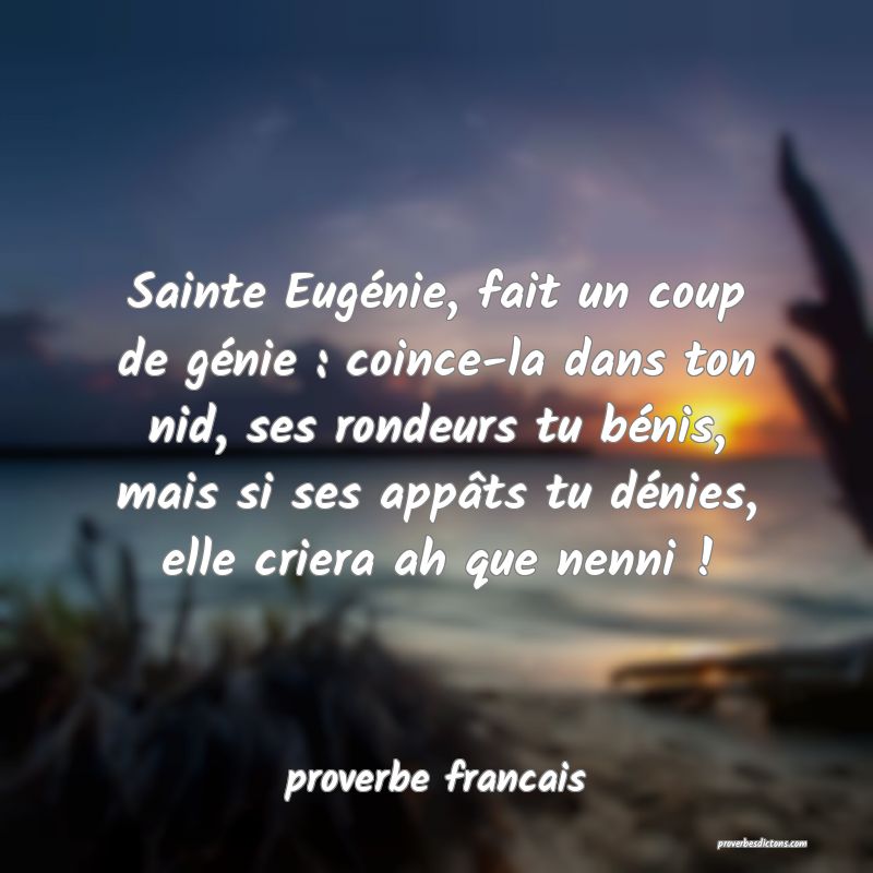  Sainte Eugénie, fait un coup de génie : coince-la dans ton nid, ses rondeurs tu bénis, mais si ses appâts tu dénies, elle criera ah que nenni !