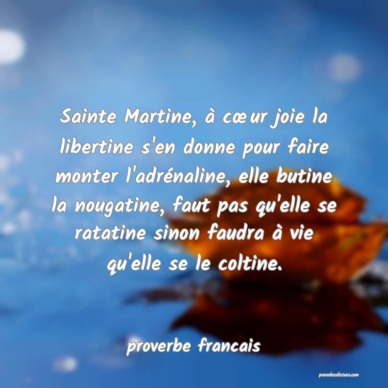 Sainte Martine, à cœur joie la libertine s'en donne pour faire monter l'adrénaline, elle butine la nougatine, faut pas qu'elle se ratatine sinon faudra à vie qu'elle se le coltine.