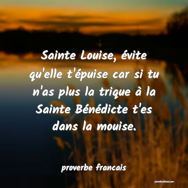 Sainte Louise, évite qu'elle t'épuise car si tu n'as plus la trique à la Sainte Bénédicte t'es dans la mouise.