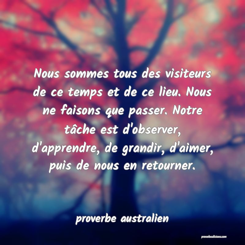  Nous sommes tous des visiteurs de ce temps et de ce lieu. Nous ne faisons que passer. Notre tâche est d'observer, d'apprendre, de grandir, d'aimer, puis de nous en retourner.