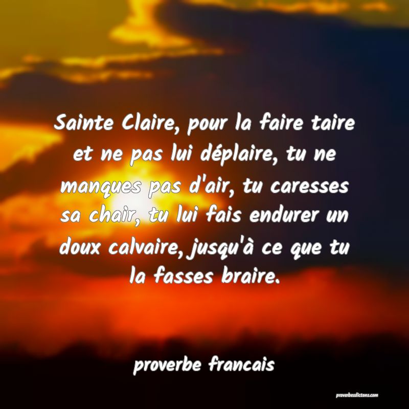 Sainte Claire, pour la faire taire et ne pas lui déplaire, tu ne manques pas d'air, tu caresses sa chair, tu lui fais endurer un doux calvaire, jusqu'à ce que tu la fasses braire.