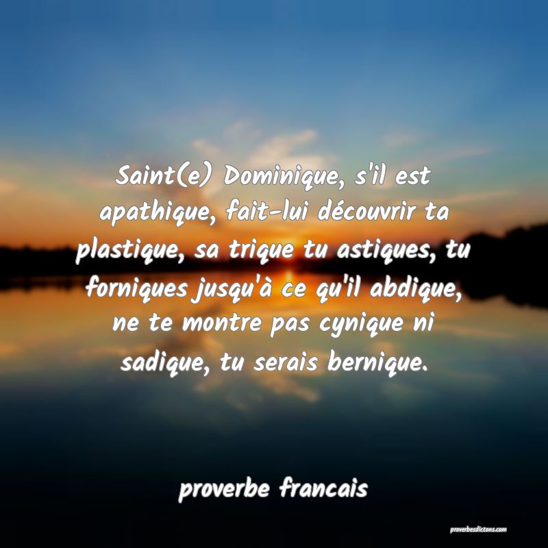 Saint(e) Dominique, s'il est apathique, fait-lui découvrir ta plastique, sa trique tu astiques, tu forniques jusqu'à ce qu'il abdique, ne te montre pas cynique ni sadique, tu serais bernique.