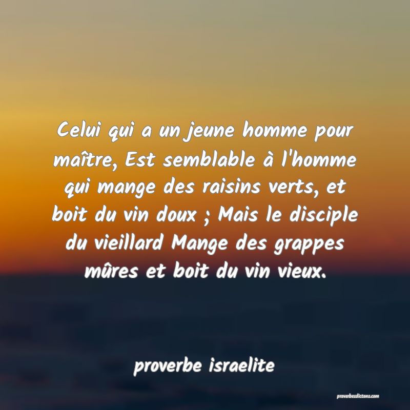 Celui qui a un jeune homme pour maître, Est semblable à l'homme qui mange des raisins verts, et boit du vin doux ; Mais le disciple du vieillard Mange des grappes mûres et boit du vin vieux.
