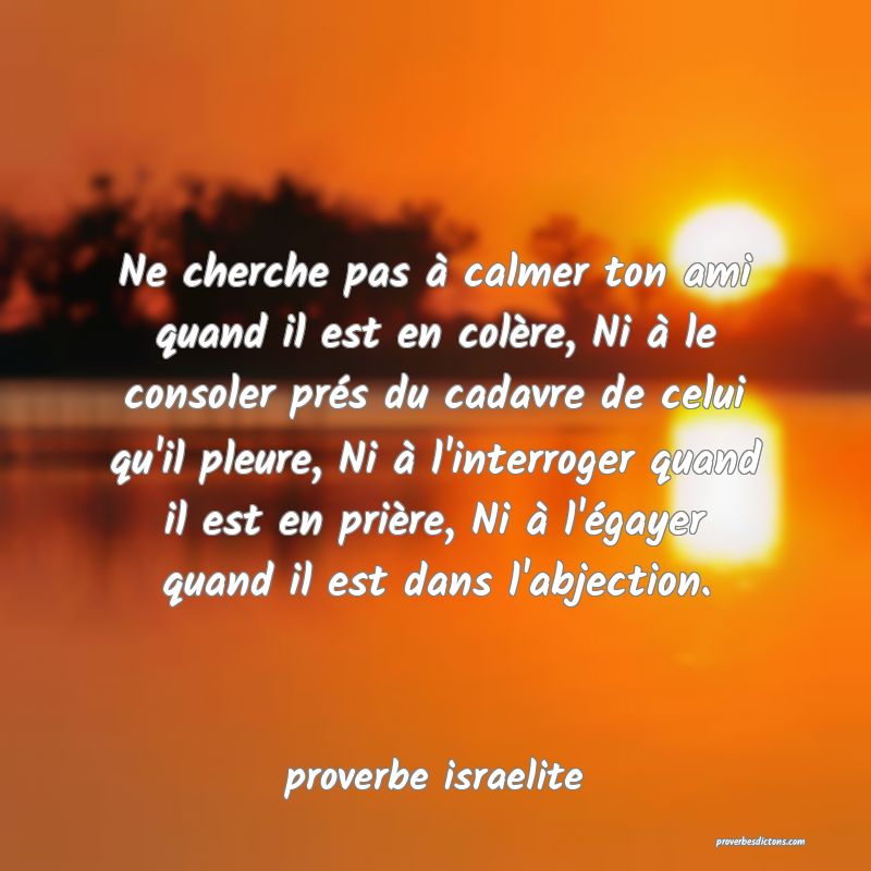 Ne cherche pas à calmer ton ami quand il est en colère, Ni à le consoler prés du cadavre de celui qu'il pleure, Ni à l'interroger quand il est en prière, Ni à l'égayer quand il est dans l'abjection.