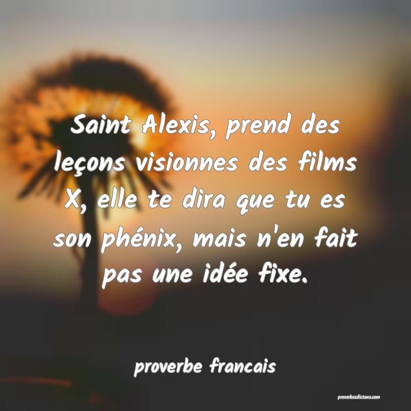 Saint Alexis, prend des leçons visionnes des films X, elle te dira que tu es son phénix, mais n'en fait pas une idée fixe.