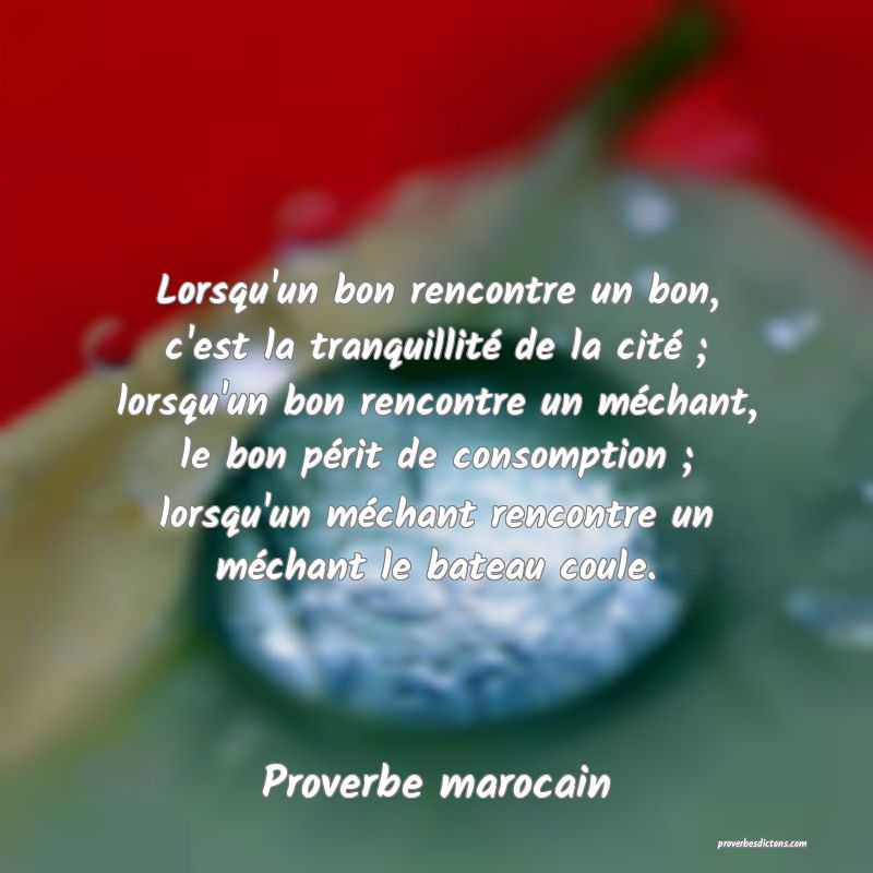 Lorsqu'un bon rencontre un bon, c'est la tranquillité de la cité ; lorsqu'un bon rencontre un méchant, le bon périt de consomption ; lorsqu'un méchant rencontre un méchant le bateau coule.
